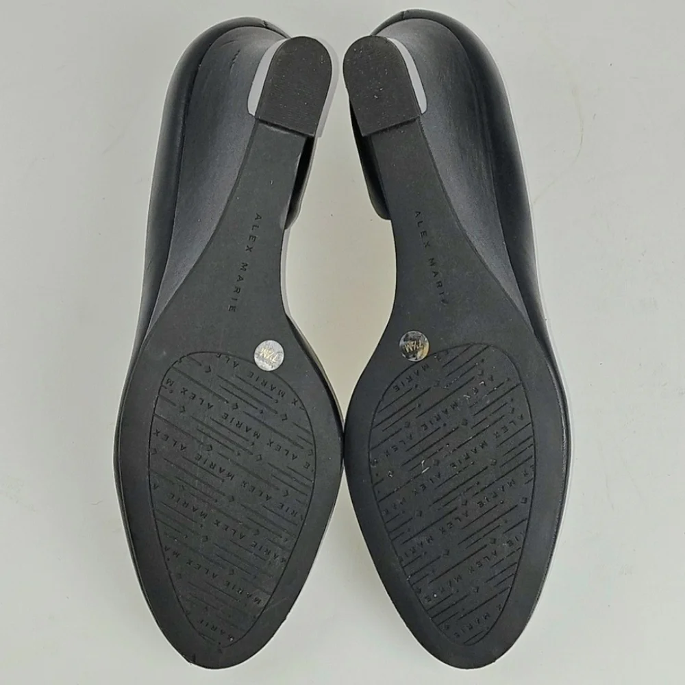 Alex Marie Laela Black Leather Round Toe Heel Cap D'Orsay Slip On Wedge Pump